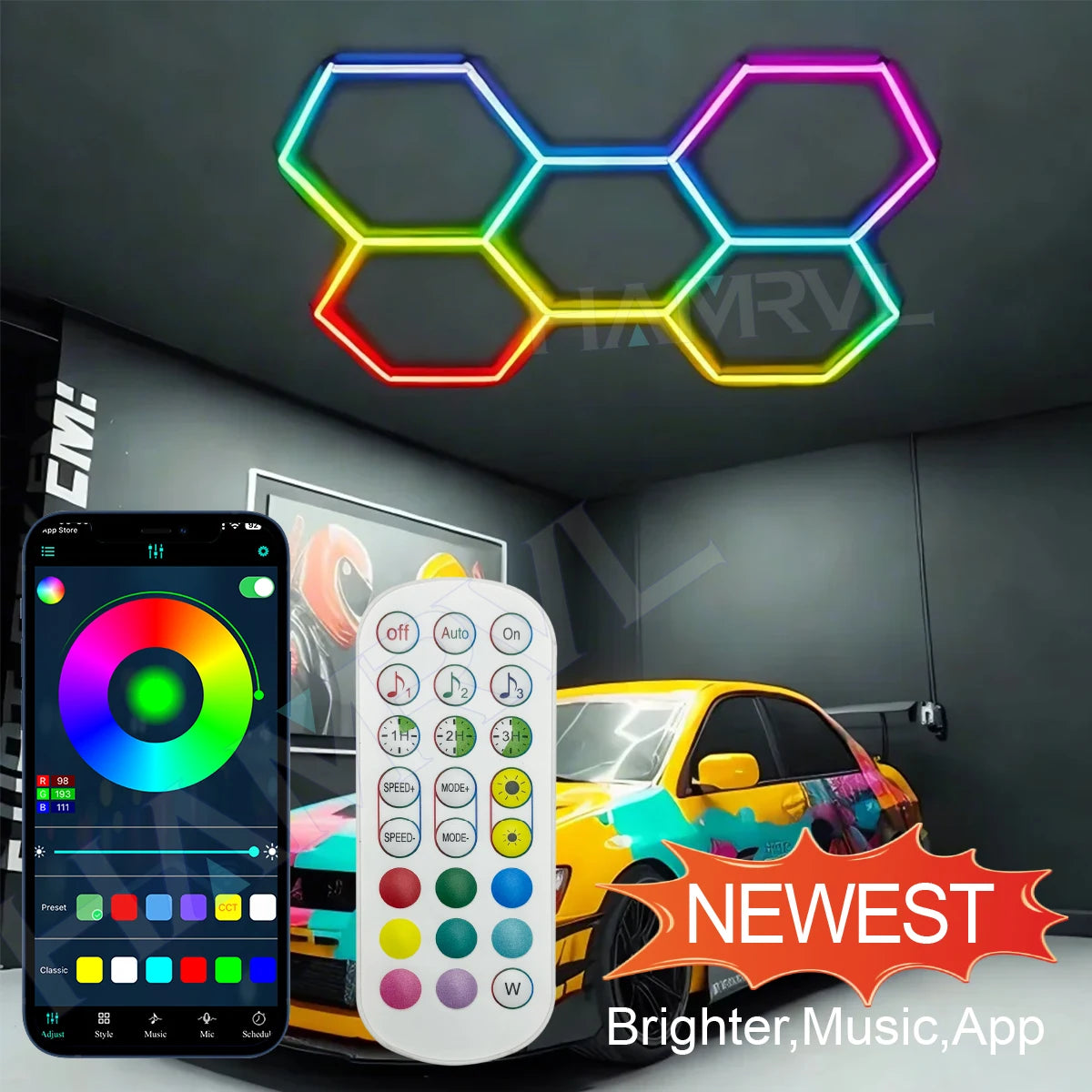RGB Hexagon LED Garage Light - Hexagon panel light with multi changing music synchronization suitable for gym gaming room party