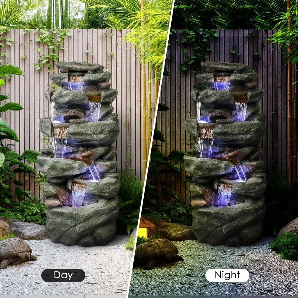 40.5” High Rocks Outdoor Water Fountain, 6-Tiers Cascading Waterfall with LED Lights, Soothing Tranquility