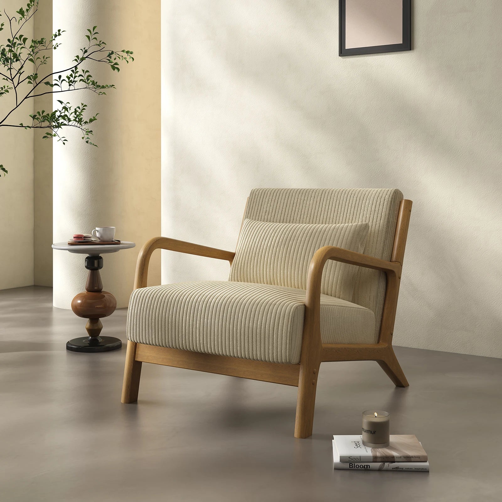 Mid-Century Modern Accent Chair – Fabric Reading Chair with Solid Wood Frame