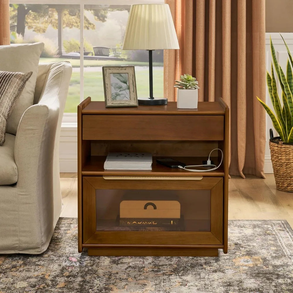 Mid-Century Modern Nightstand with Integrated Charger Station and Outlet Access, Glass-Front Drawers Wood Side Table for Bedroom