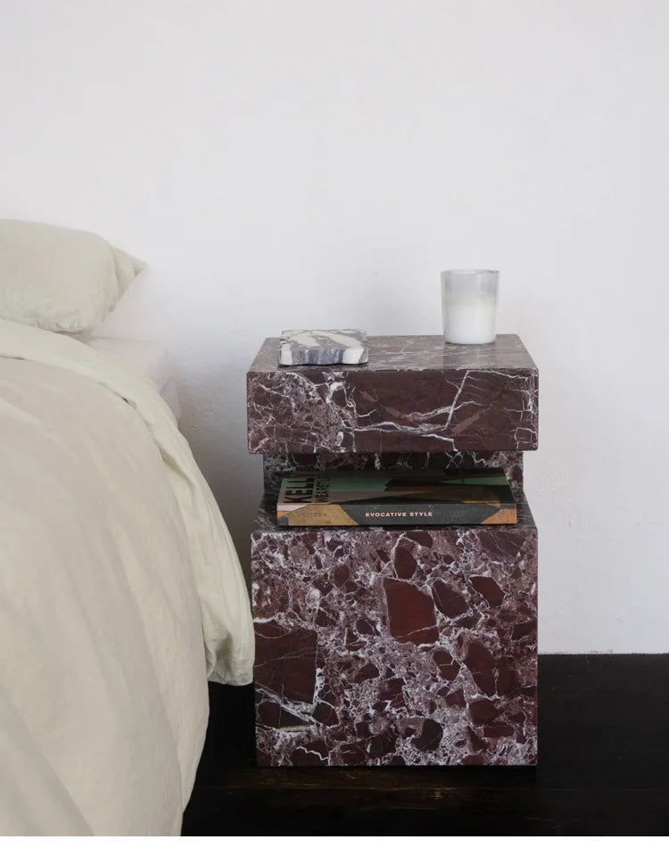 37x37x50CM Rosso Levanto Travertine Vintage Marble Side Table Nighstand Handmade Solid Natural Stone Coffee Table Desk