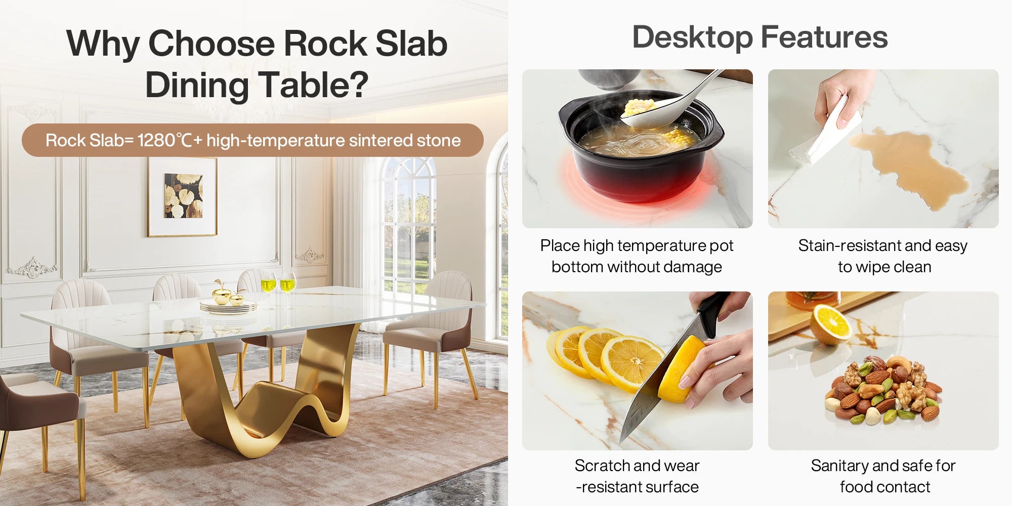 Tribesigns 78.74" Sintered Stone Dining Table for 6-8, Modern Rectangle Dining Table, Luxury White & Gold Kitchen Table