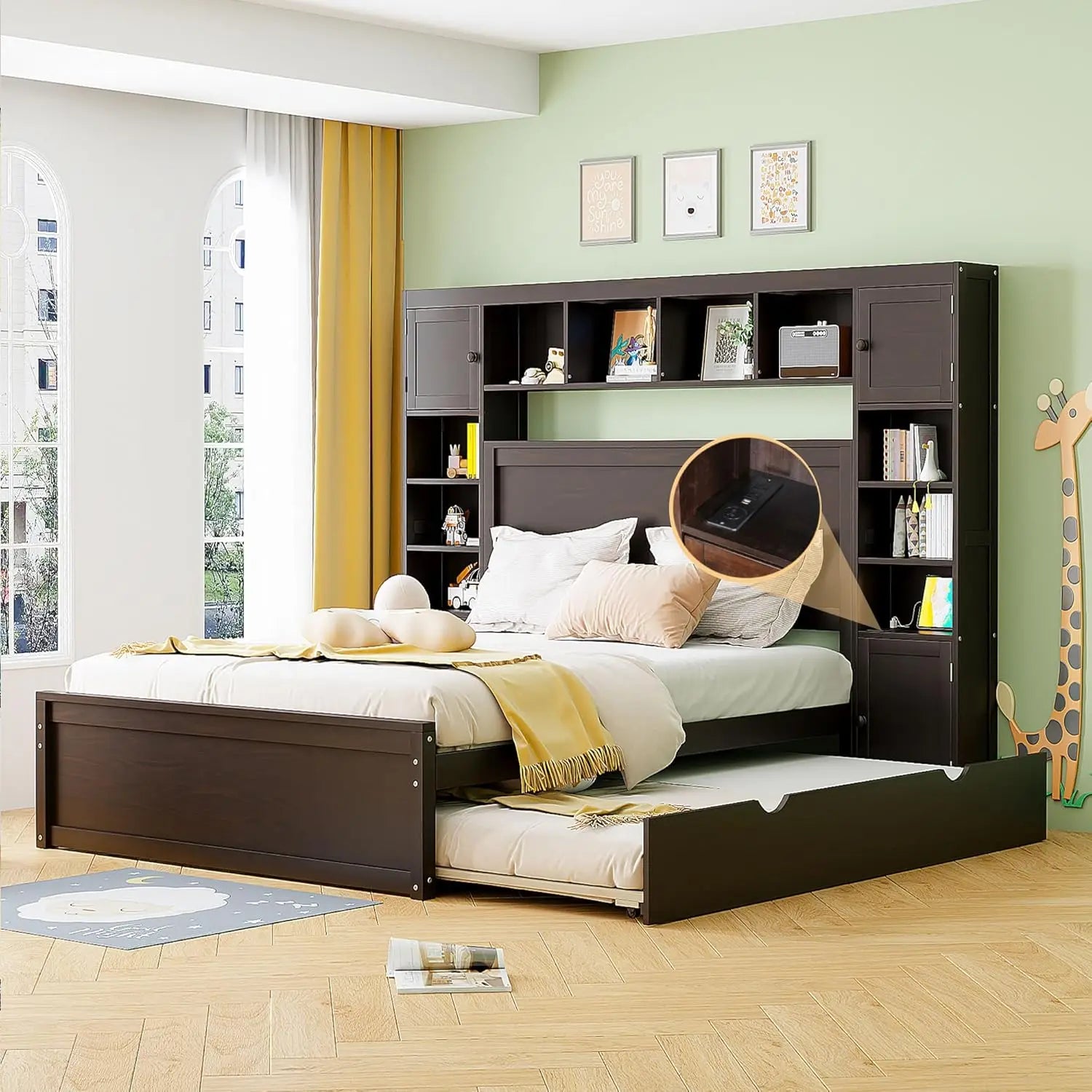 Solid Wood Storage Bed with Bookcase Headboard – Platform Bed with Trundle & 2 Drawers
