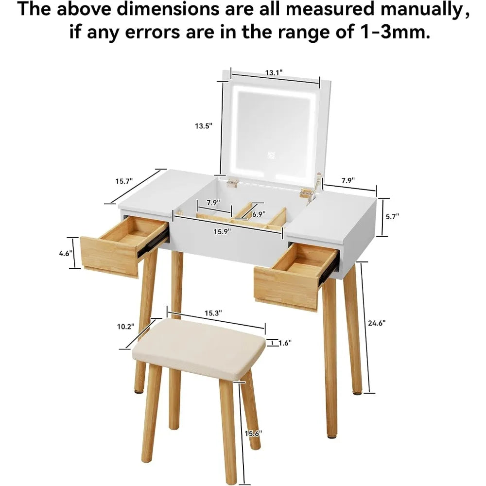 Makeup Vanity Desk with Flip-top Mirror and Lights, 3-in-1 Makeup Vanity Table with 2 Drawers and Cushioned Stool, Writ