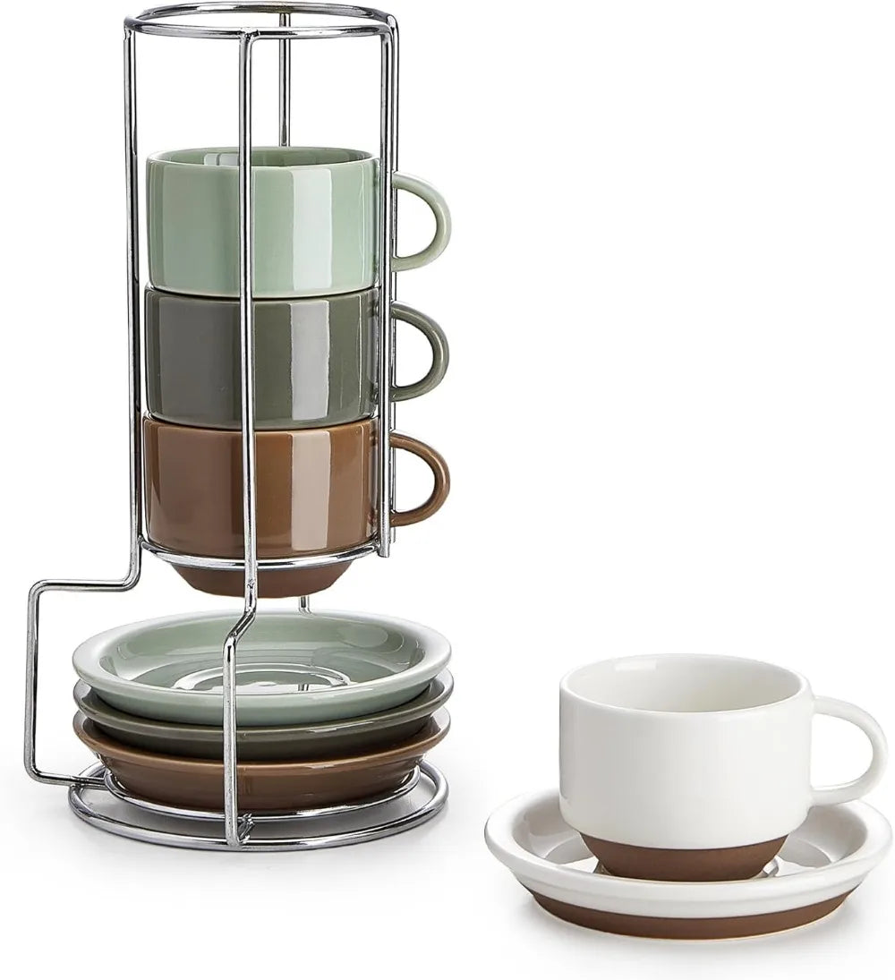 Set of 4 Porcelain Stackable Espresso Cups with Saucers and Metal Stand, Multicolor, 2.5 Ounce
