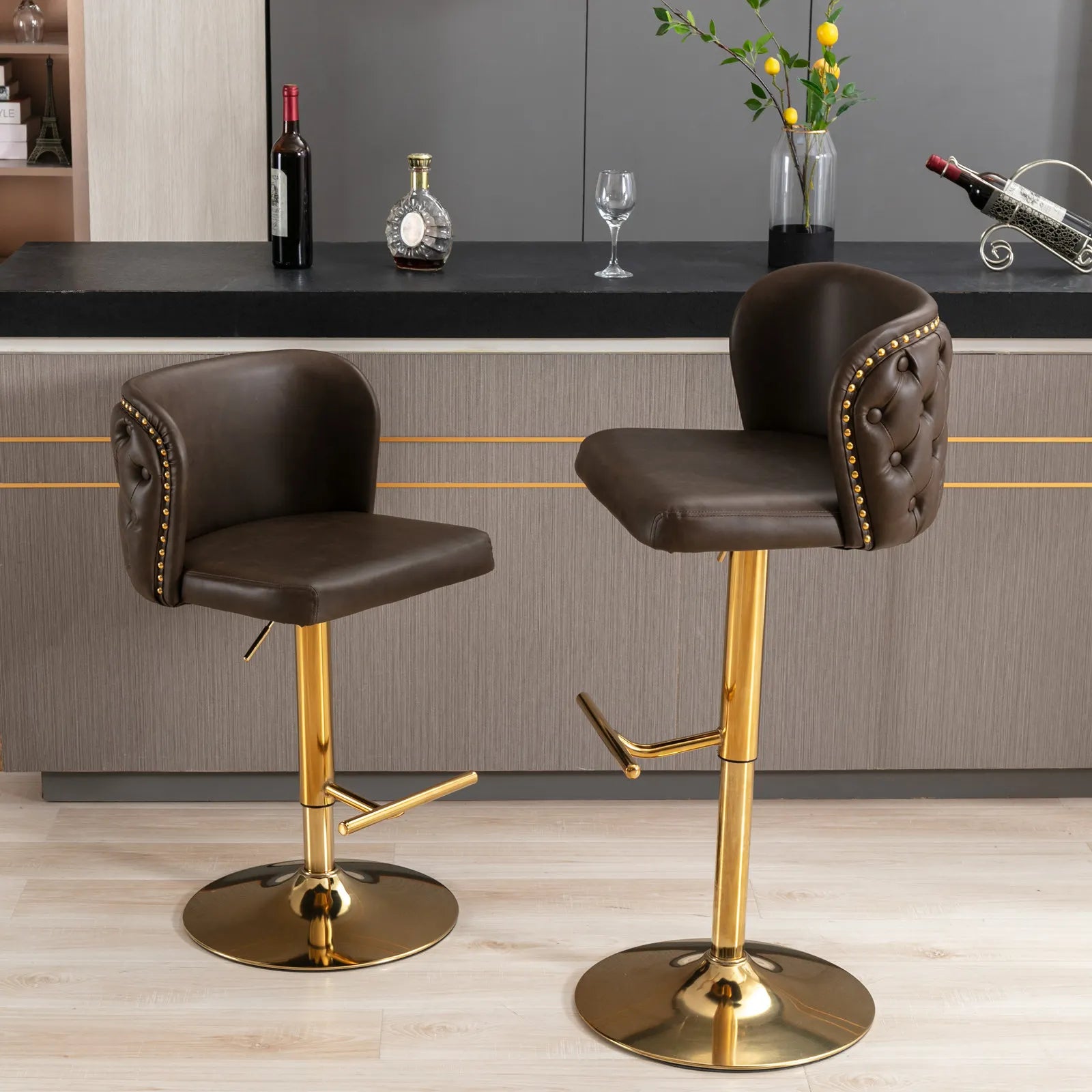 PU Leather Swivel Bar Stools – Adjustable Counter Chairs with Gold Nailheads (Set of 2)