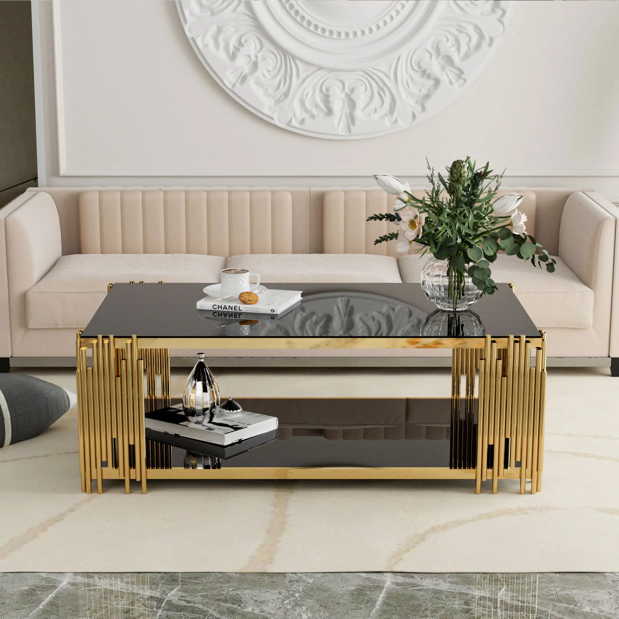 Stainless Steel Rectangular Glass Coffee Table – 51.18” Modern Center Table with Gold Legs