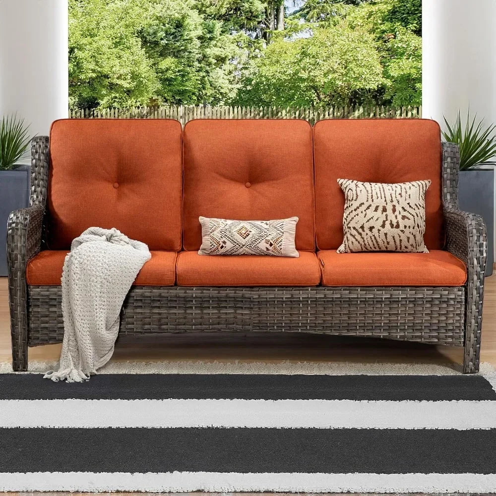 Outdoor Couch Wicker Patio Sofa - 3-Seat Patio Sofa with Deep Seating and Comfortable Cushions for Porch Deck Balcony Garden