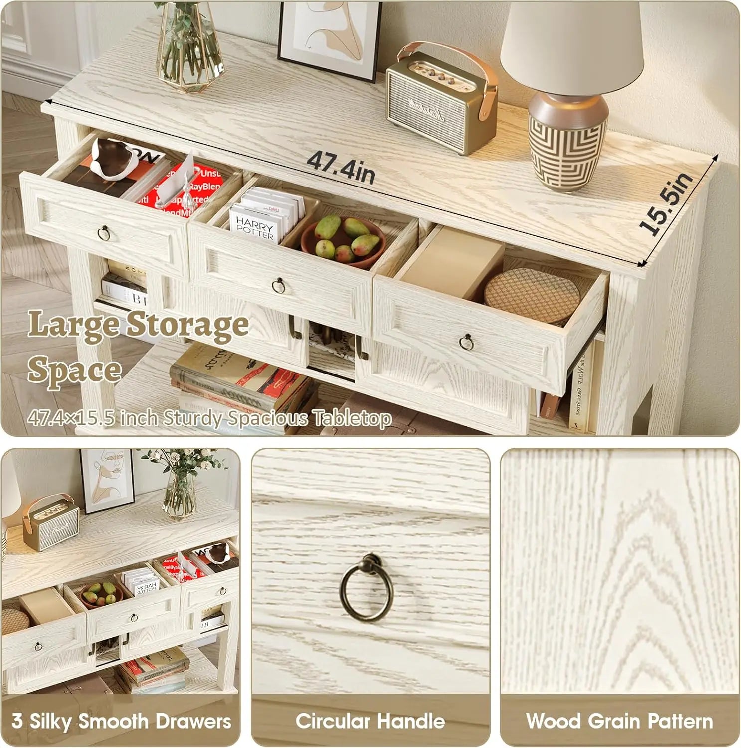 Vabches Console Table for Hallway Wood Entryway Table with 3 Storage Drawer&Sliding Barn Doors 47'' W Console Table for Entryway