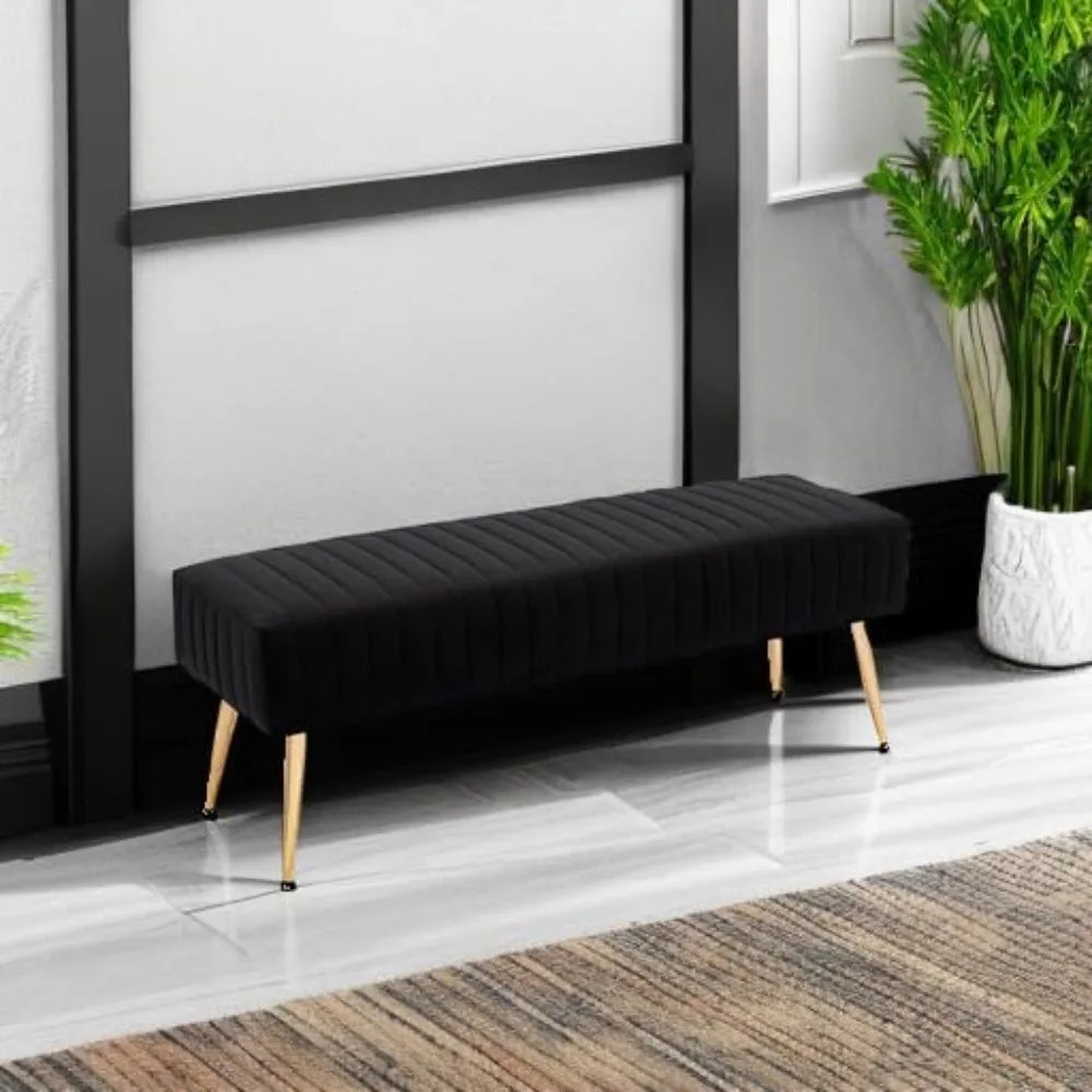 Black Upholstered Ottoman Bench – 44″ with Gold Legs