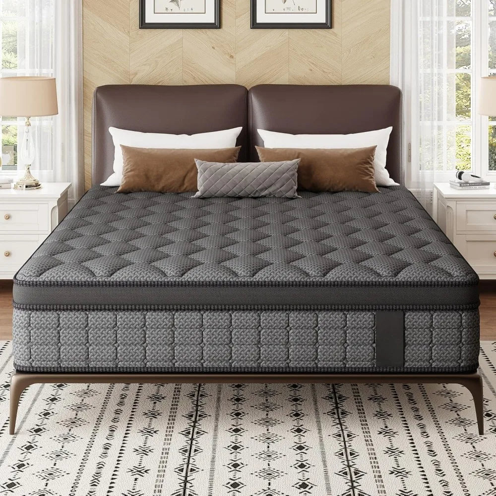 Mattress 14 Inch Hybrid Mattress in a Box，Medium Firm Mattresses with Gel Memory Foam & Pocket Springs, Pressure Relief