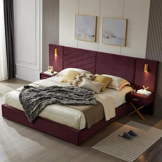 Luxurious King Platform Bed Frame – Velvet Upholstered Headboard with Built-In Sconces & Nightstands