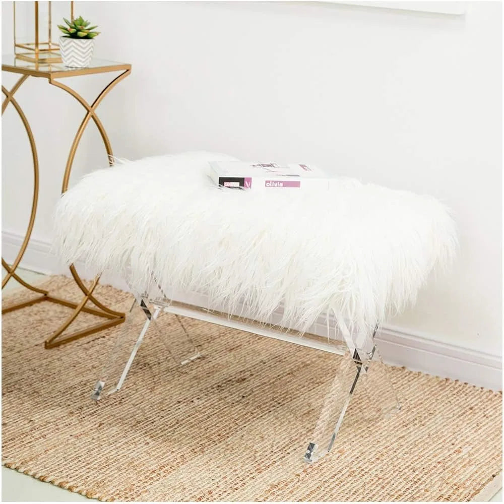 White Faux Fur Ottoman Bench – Modern Footrest with Acrylic Legs