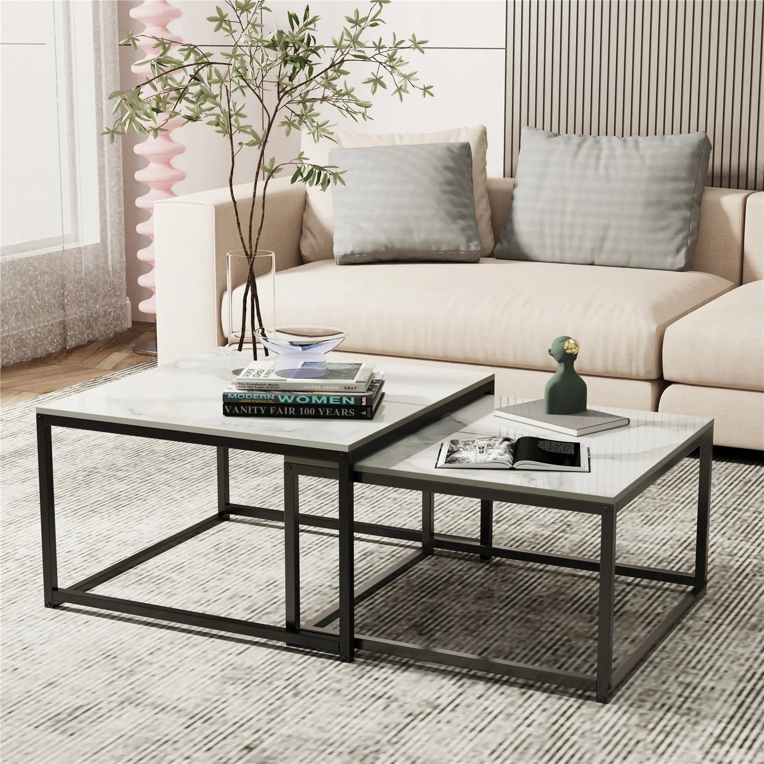 Modern Nesting Coffee Table Set of 2 – Square Marble Stackable Center Tables (White / Black)