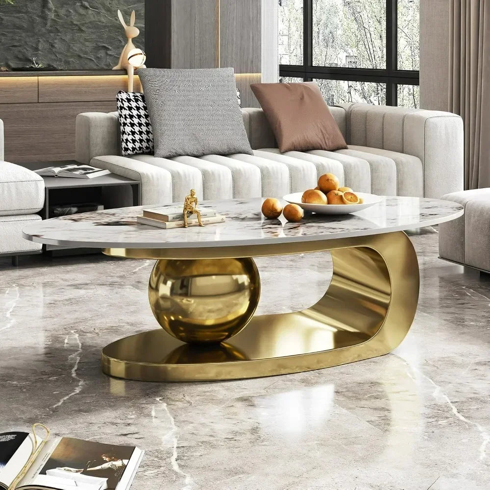 Modern Oval Stone Coffee Table – Abstract Gold Metal Base Center Table