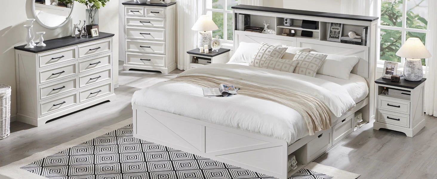 King Size Farmhouse Wood Bed Frame with Storage Bookcase Headboard, LED Light & Charging Station (Black)