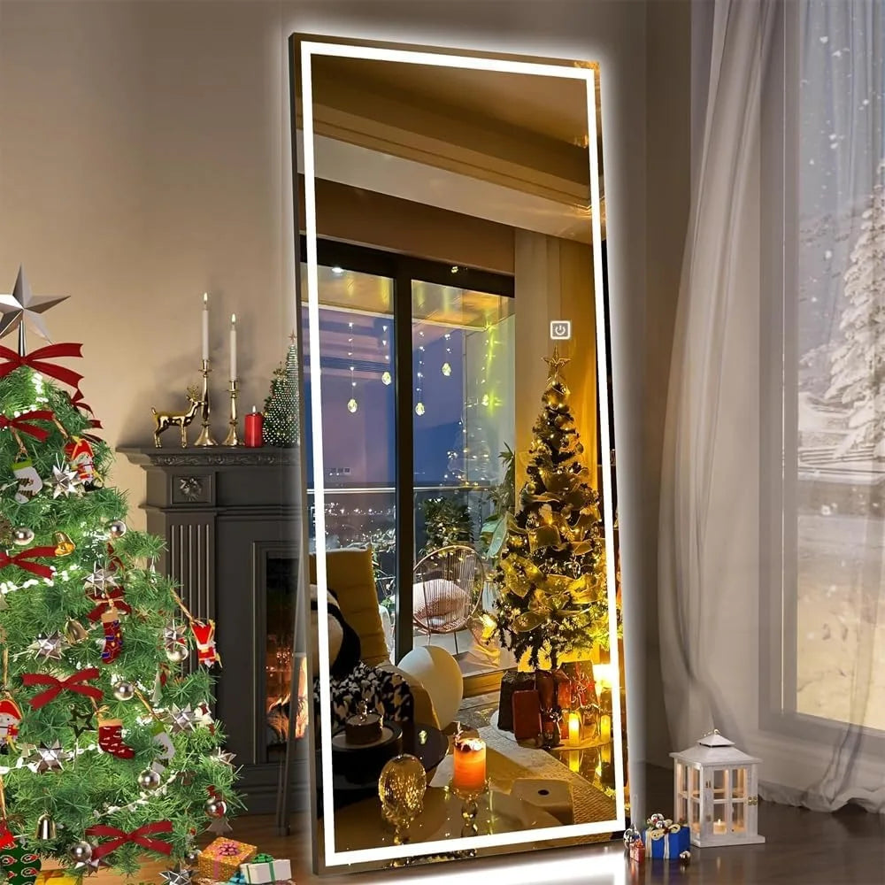 Full Length Mirror with Lights, 65x22 LED Lighted Floor Mirrors Black Aluminum Frame, Full Body Dressing Hanging Dimmable
