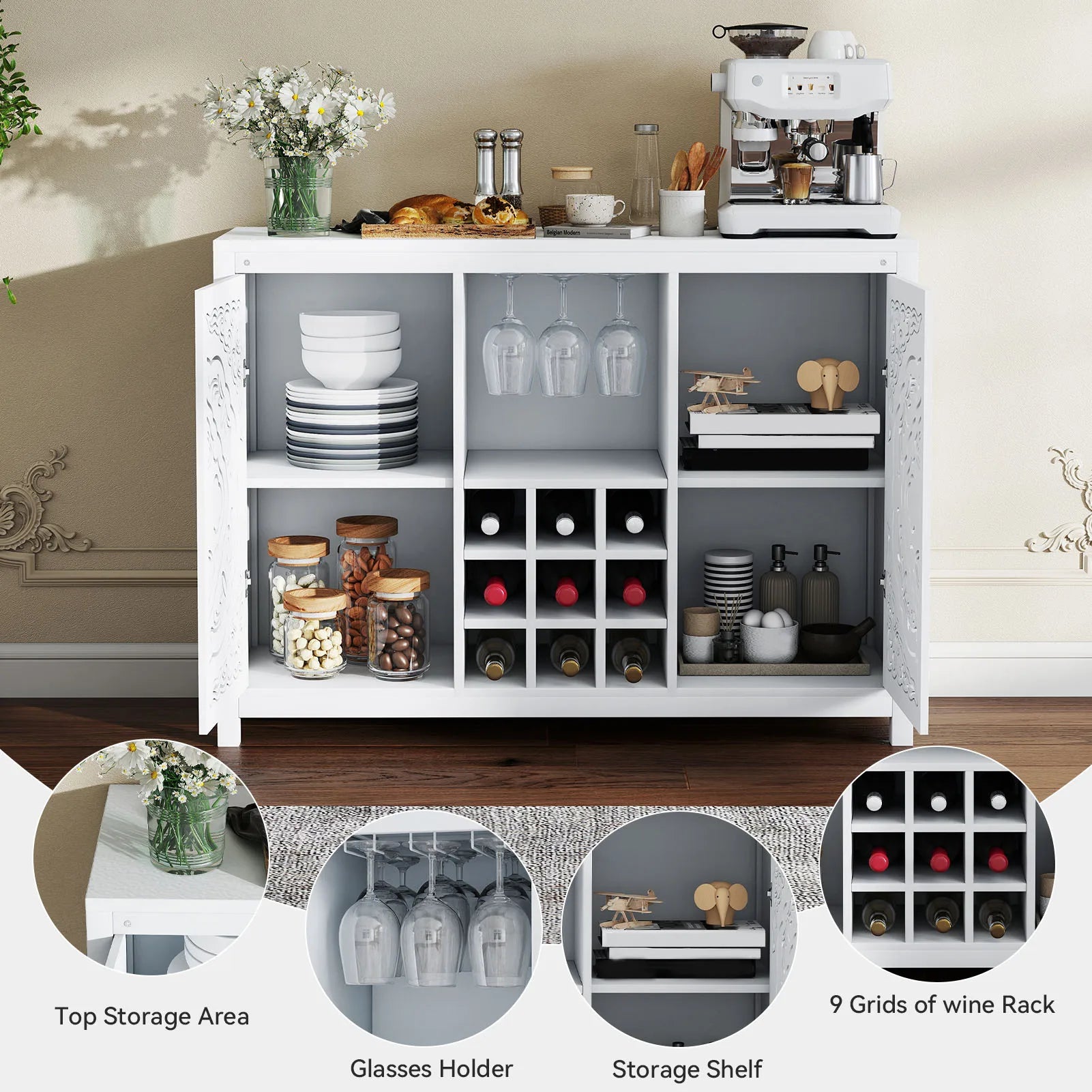 Wine Bar Cabinet with 2 Doors – Buffet Liquor Storage Cabinet with Glass Holder & Wine Rack