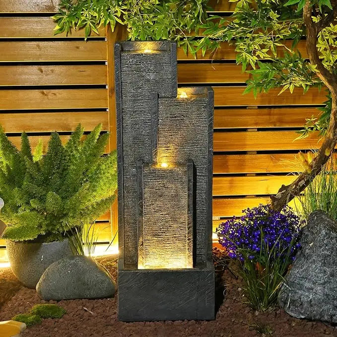 Modern Outdoor Water Fountain with Lights&Pump, Cascading Waterfall Feature Outdoor, Resin Standing Garden Fountain for Landscap