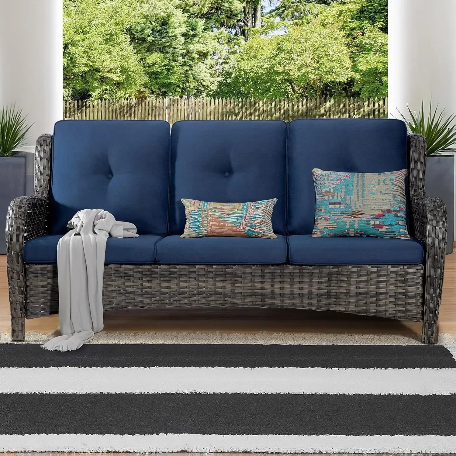 Outdoor Couch Wicker Patio Sofa - 3-Seat Patio Sofa with Deep Seating and Comfortable Cushions for Porch Deck Balcony Garden