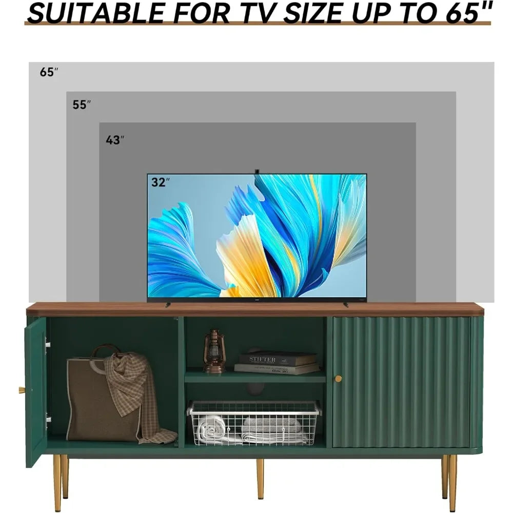 55” Fluted TV Stand, Mid Century Modern Green TV Stand for 55/60/65 inch TV, Entertainment Center with Storage,