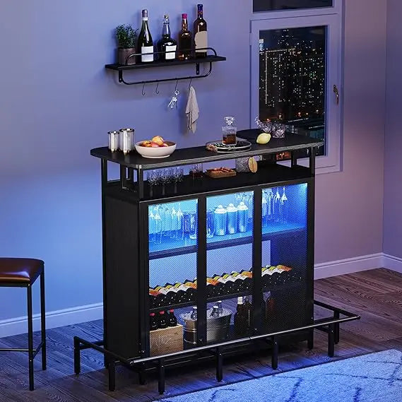 Mini Home Bar Unit – Tall Bar Table with Wine Rack & Music-Sensing LED Lights