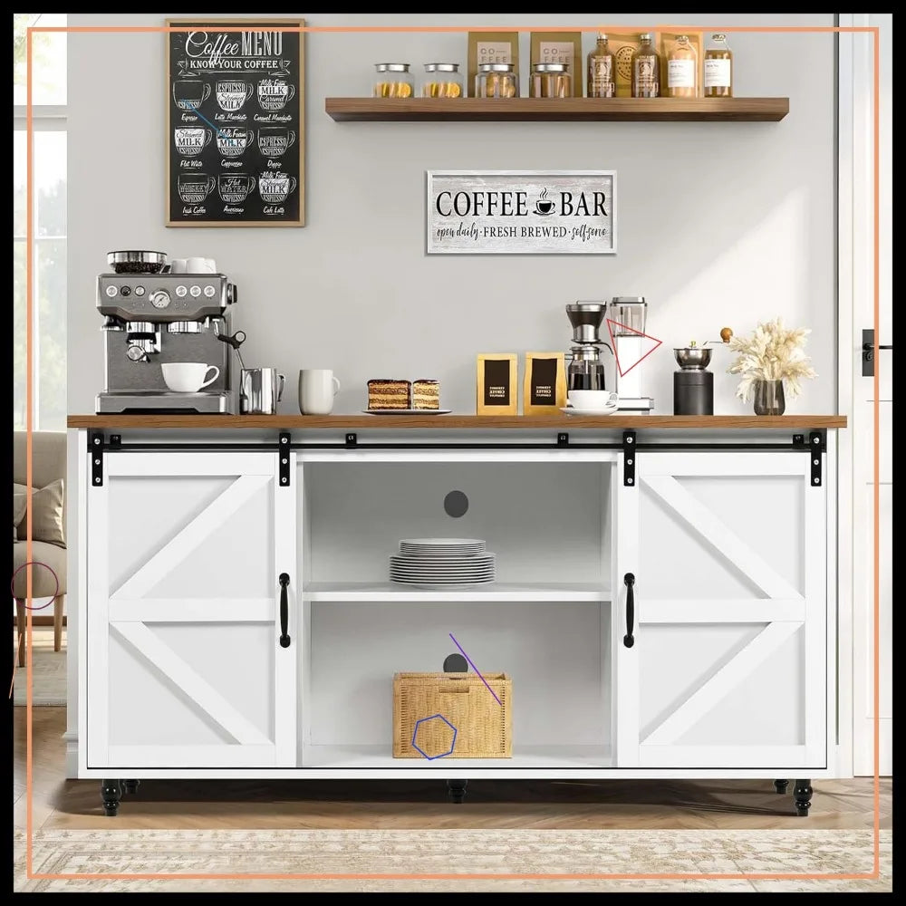Farmhouse Coffee Bar Cabinet with Storage – 58″ Sideboard Buffet with Sliding Barn Door (White)