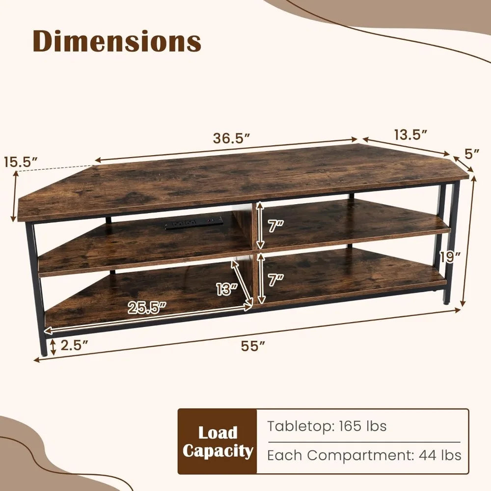 Corner TV Stand for TVs up to 65”, TV Console Table w/AC Outlets, USB A Ports, USB C Port, Metal Frame & Storage Shelve