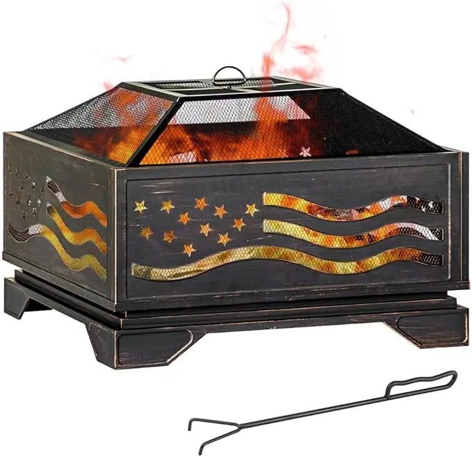32Inch Square-Shaped Fire Pit,Outdoor Fire Pits with Spark Screen&Poker,Metal Square Wood Burning Firepits for Outside,Backyard,