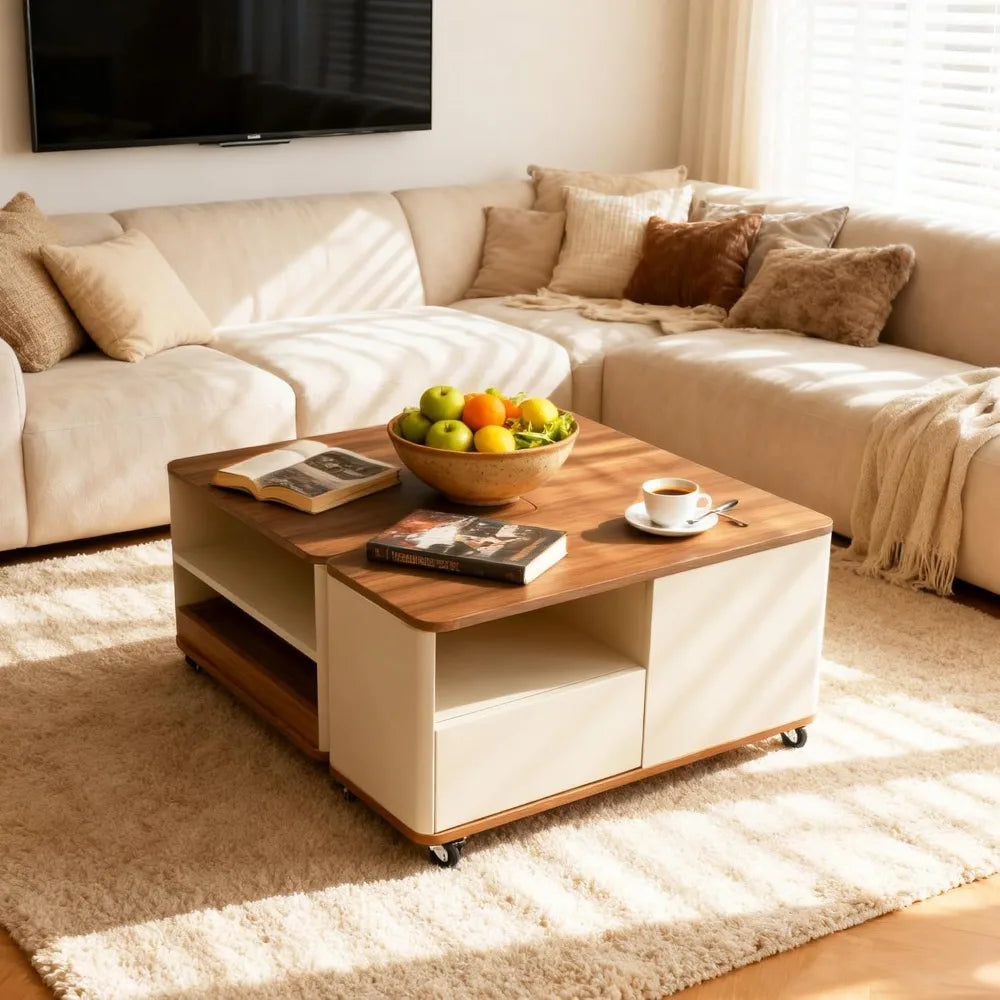 Farmhouse Convertible Coffee Table with Wheels & Storage – Large Wooden Center Table