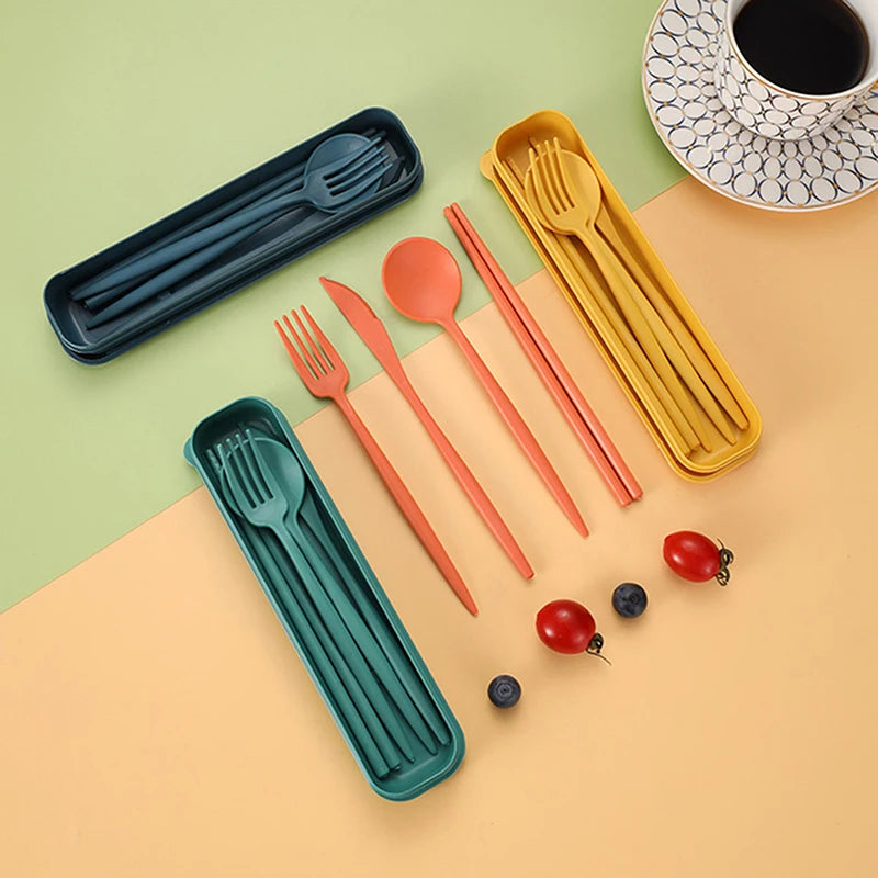 4Pcs Travel Cutlery Sets Portable Tableware Set With Box Chopsticks Fork Spoon Knife Wheat Straw Dinnerware Picnic Cutlery