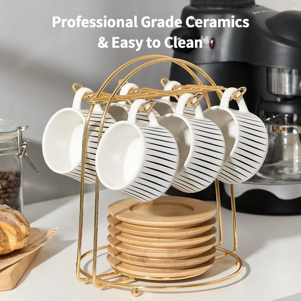Ceramic Espresso Cup Set with Saucers and Metal Holder, 6-Piece White Porcelain Demitasse for Coffee and Tea