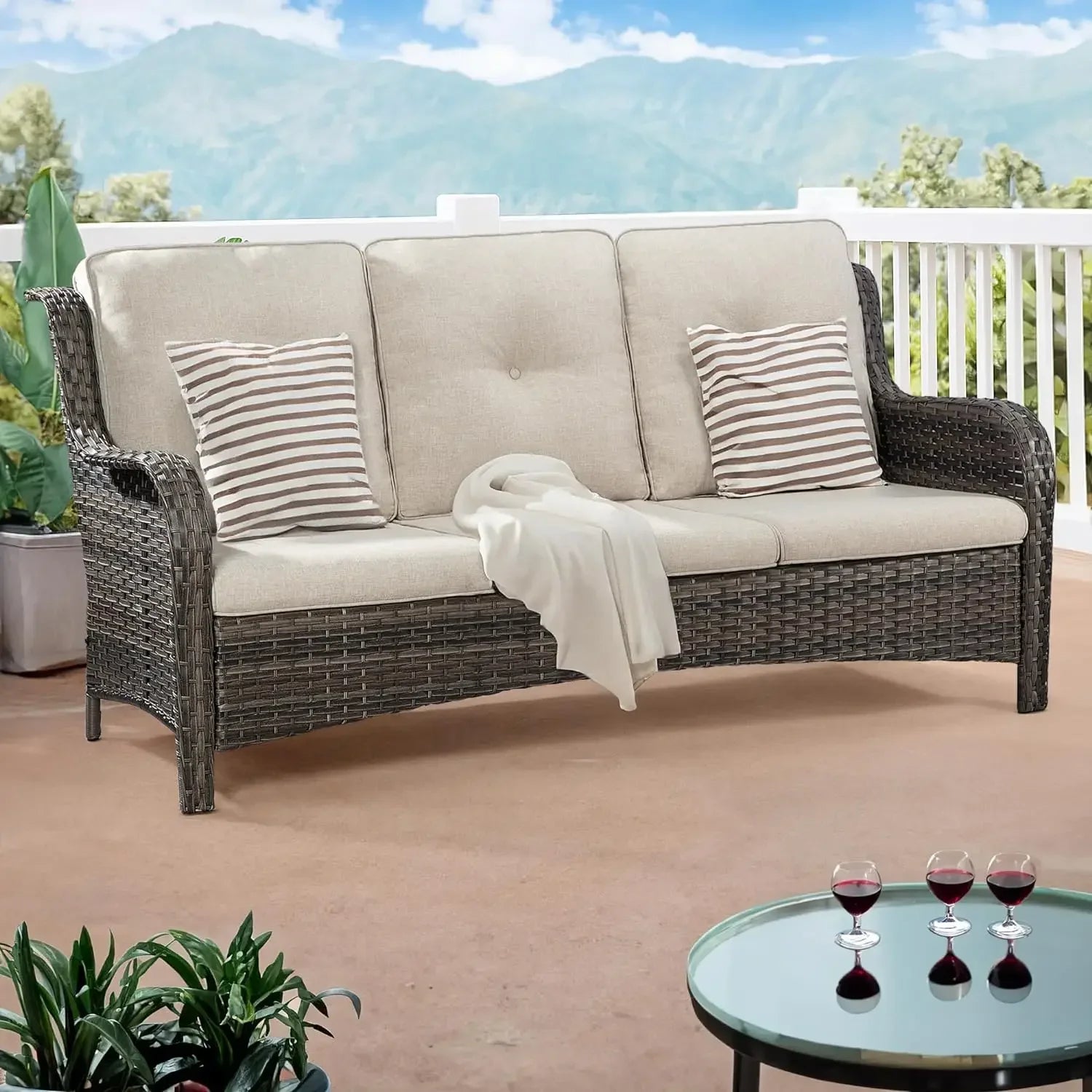 Outdoor Couch Wicker Patio Sofa - 3-Seat Patio Sofa with Deep Seating and Comfortable Cushions for Porch Deck Balcony Garden