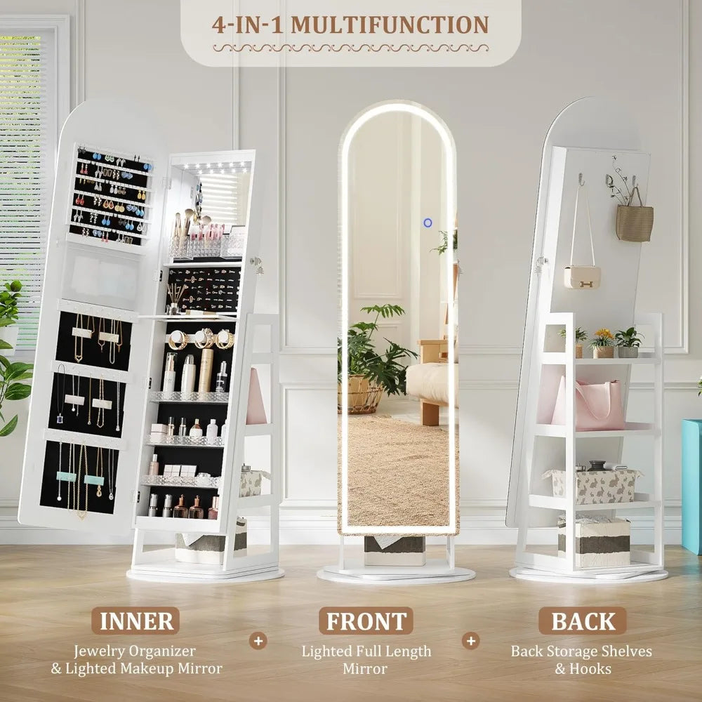 LED Mirror Jewelry Cabinet Standing, Lockable Jewelry Armoire with Arched Full-Length Mirror and Adjustable LED Lights