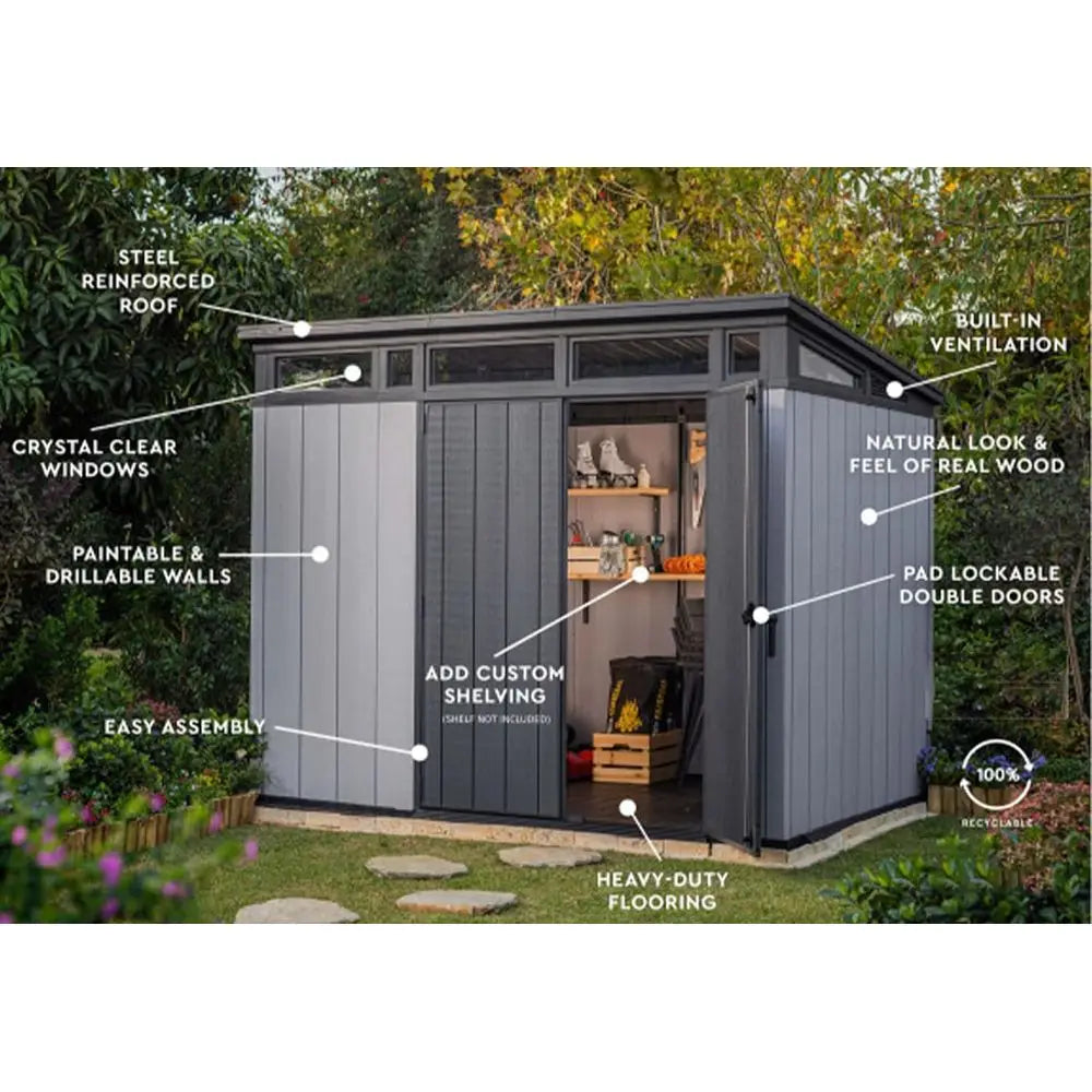 All-Weather Storage Shed: 9x7 Ft with Skylight, Window, Built-In Ventilation, Walls, and Lockable Double Doors for Outdoor Equip