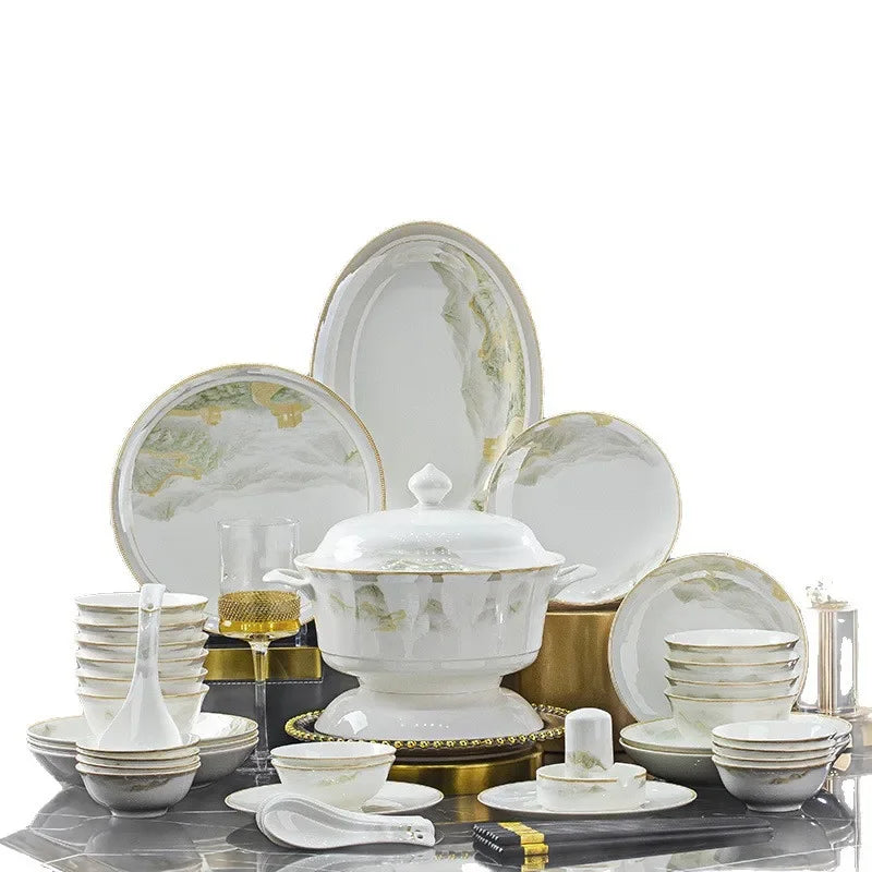 18PCS  Fine Bone China Jingdezhen Dinnerware Sets Ceramic Tableware Full Set Porcelain Bento Party Dinner Plate Gold Line Design
