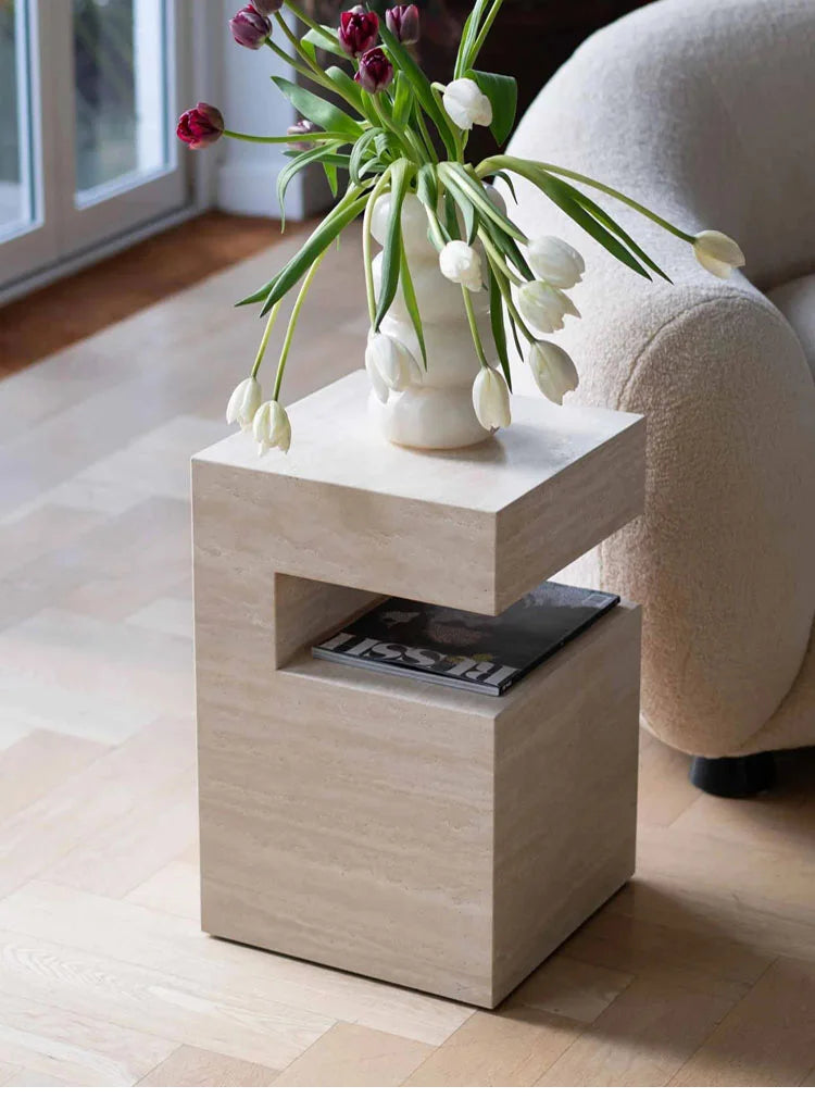 37x37x50CM Rosso Levanto Travertine Vintage Marble Side Table Nighstand Handmade Solid Natural Stone Coffee Table Desk