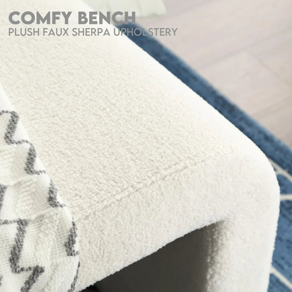 White Modern Bouclé Bench – Rectangular Sherpa Upholstered Ottoman