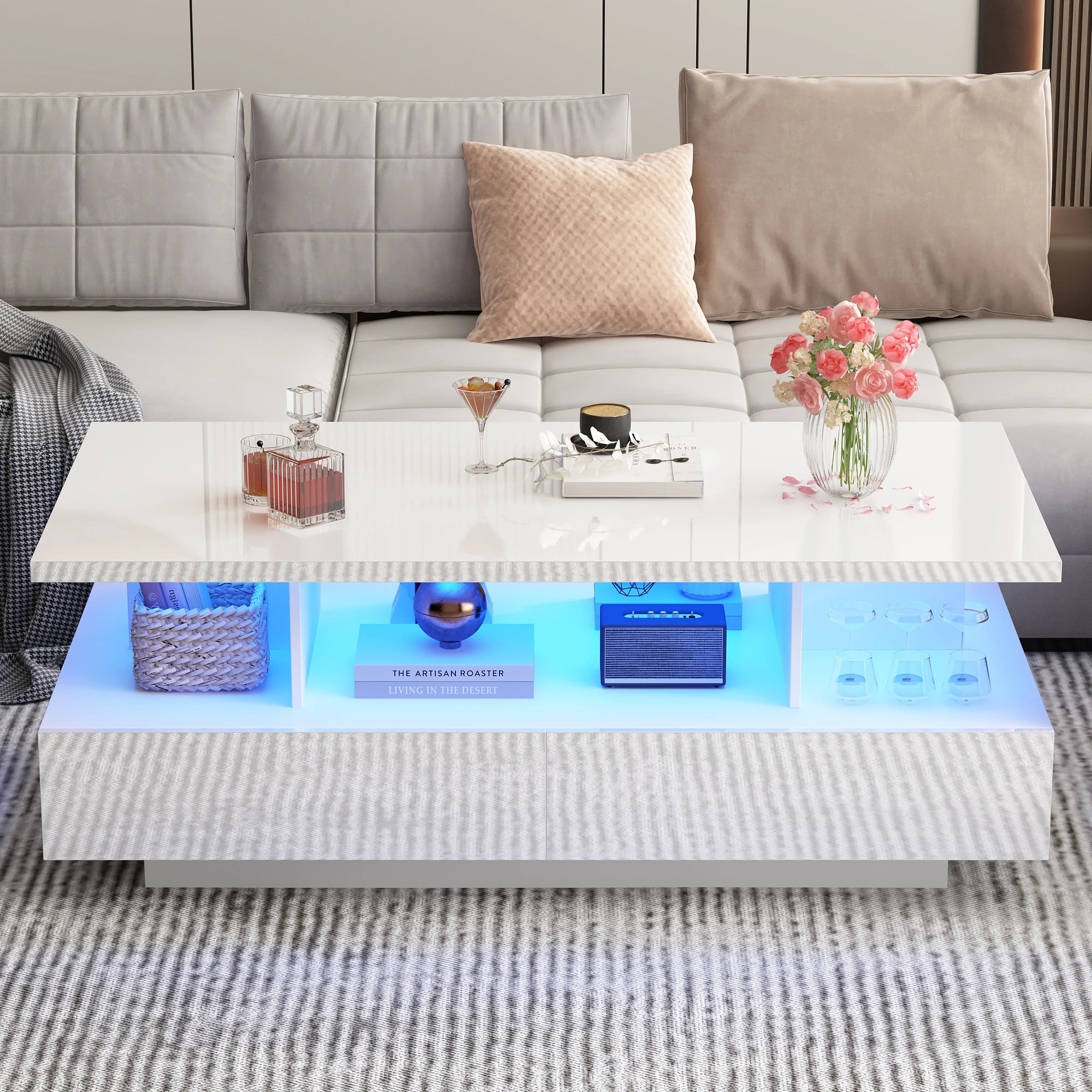 43” LED Coffee Table – Modern High-Gloss Rectangular Center Table with 2 Drawers & Display Shelf
