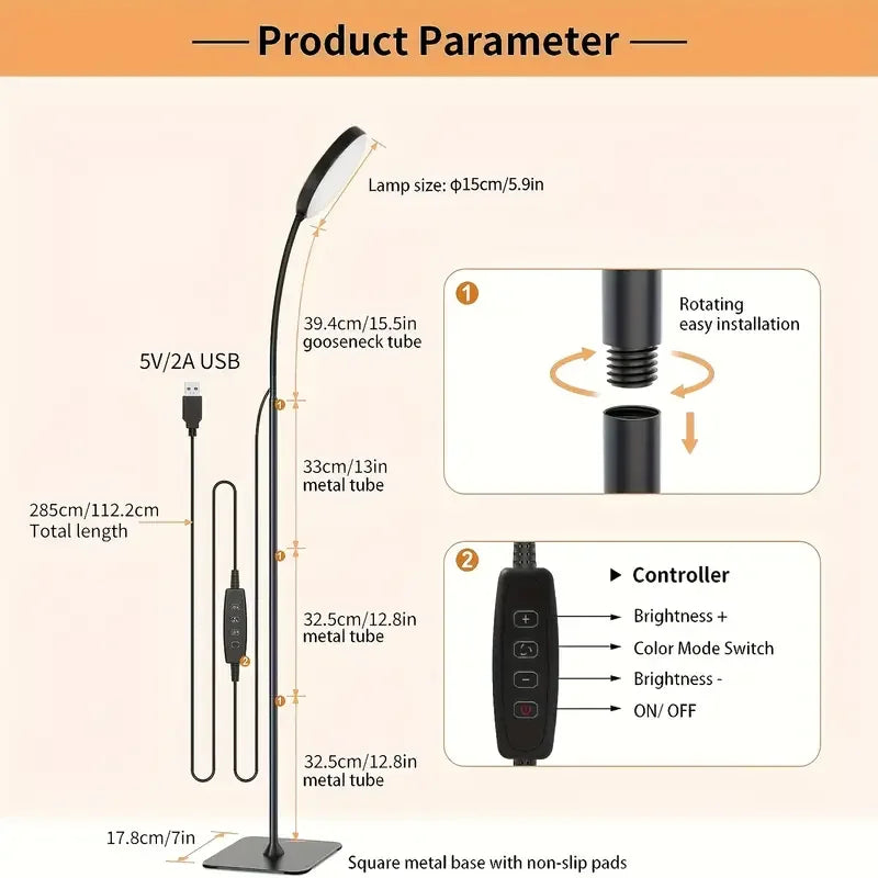Circular LED floor lamp with 3 color temperatures 5 brightness adjustment levels suitable for living rooms bedrooms offices