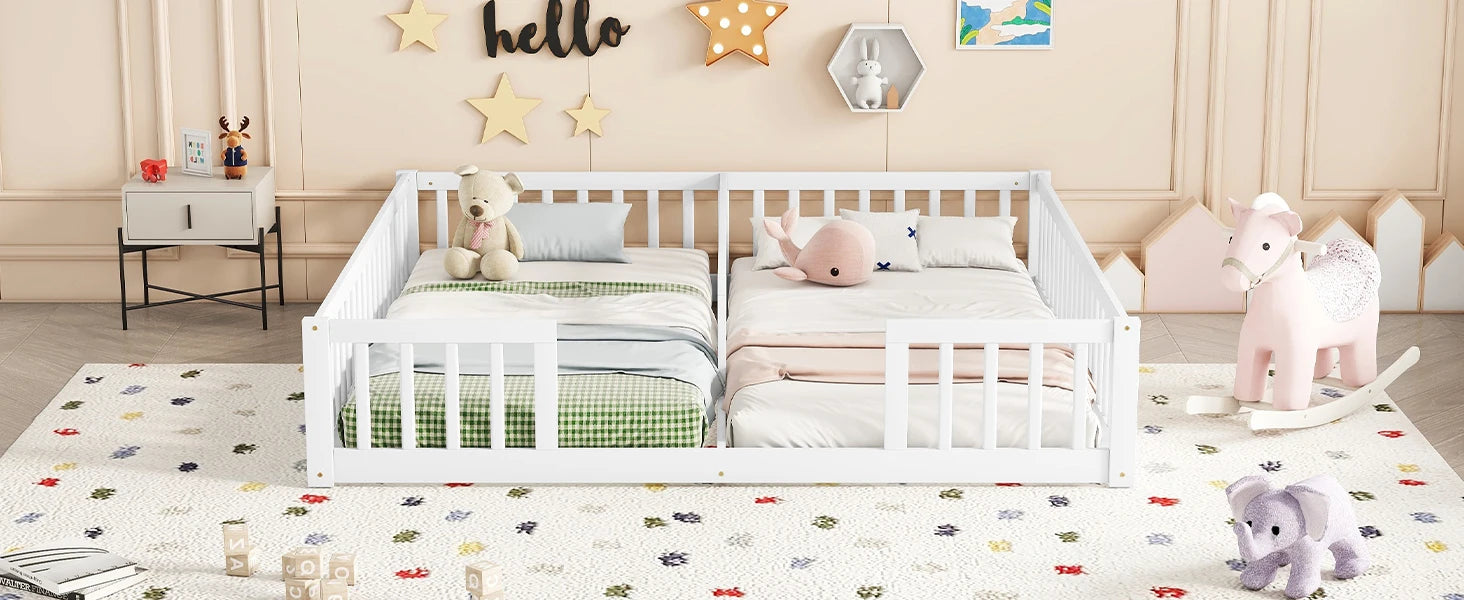 Double Twin Floor Bed with Fence & Guardrails – Doorless Design