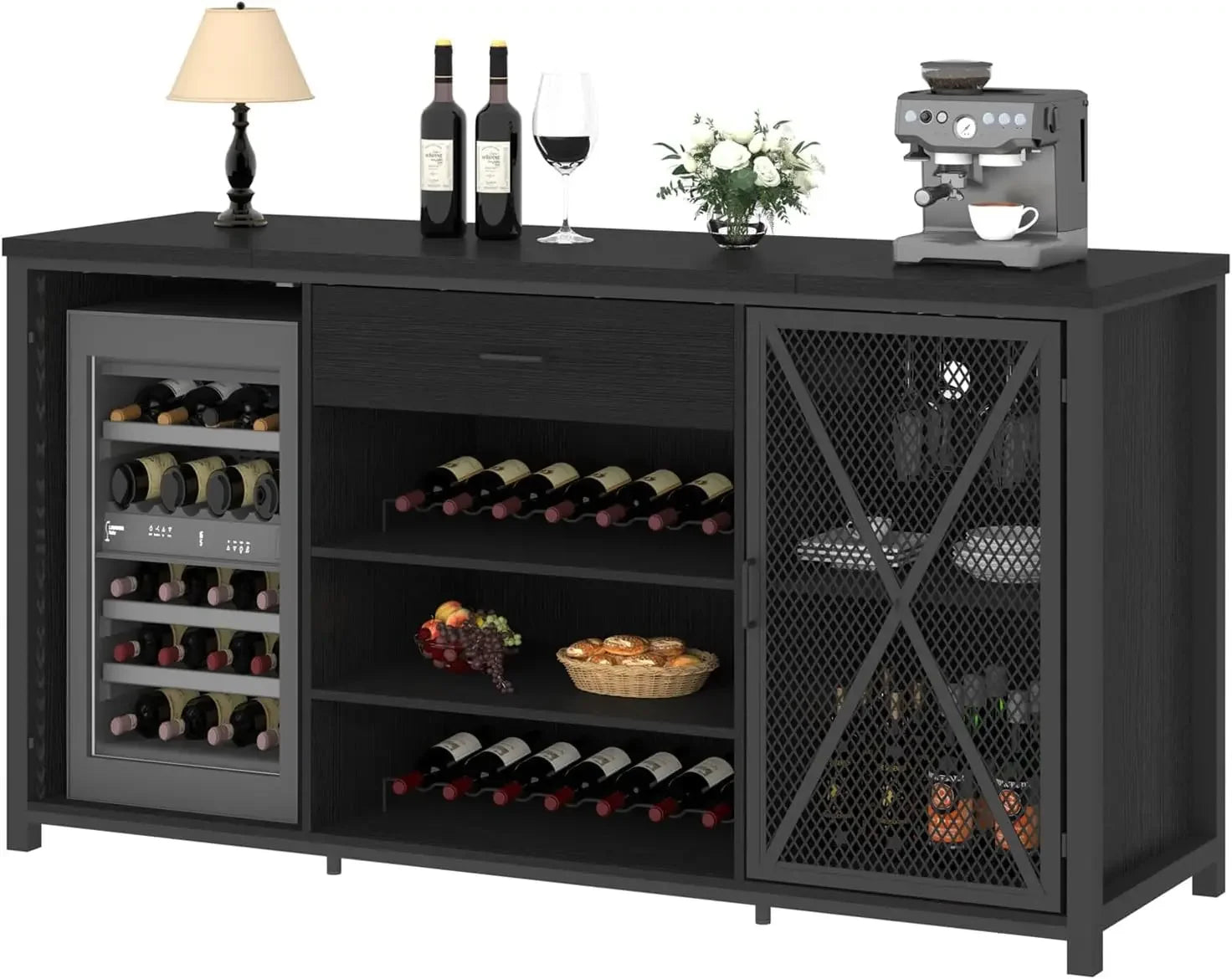 Farmhouse Wood & Metal Wine Cabinet – Large Bar Cabinet with Refrigerated Space