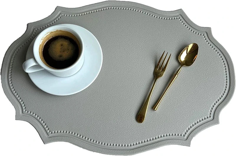 2pcs Oval Shaped Placemat Faux Leather Table Pad Luxury Place Mat Tableware Cafe Pad Kitchen Accessories Grey