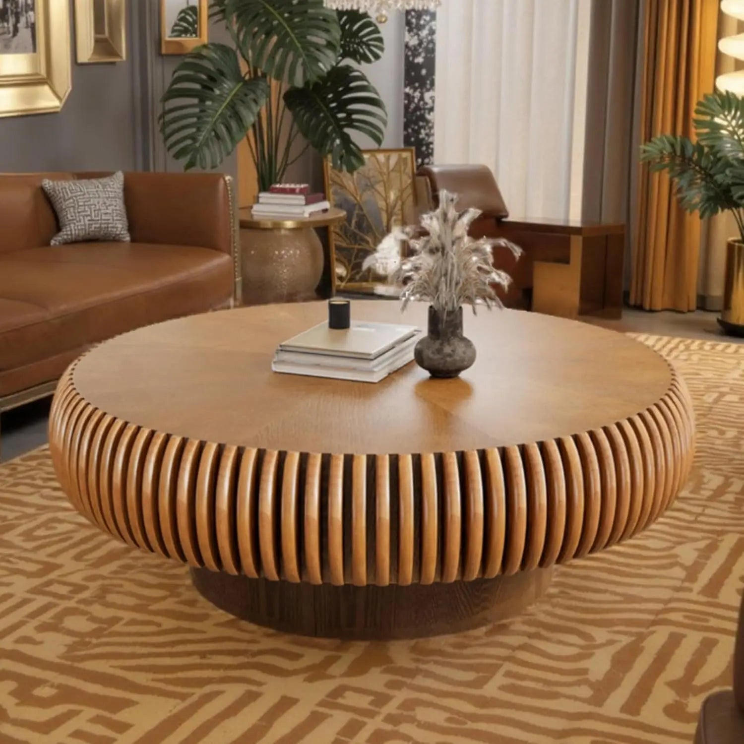 Fluted Drum Coffee Table – Round Mid-Century Modern Pedestal Center Table