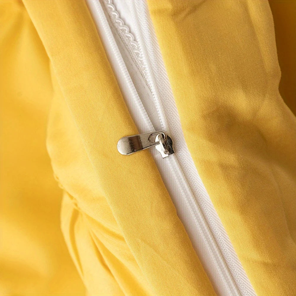 3D Buttoned Pleated Quilt Cover Set 100% Polyester Fabric Soft Skin-friendly Duvet Cover and Pillowcases Solid Color Bedding Set