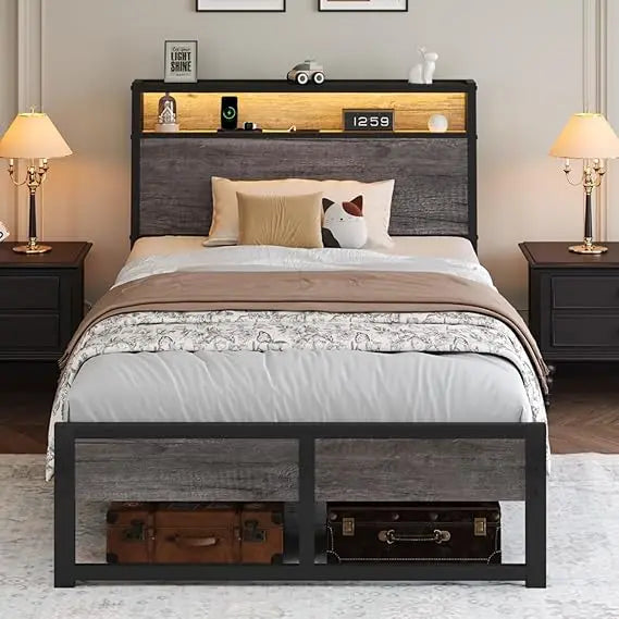 Twin Size Platform Bed Frame with Storage Headboard, LED Lighting & Built-In Charging Port