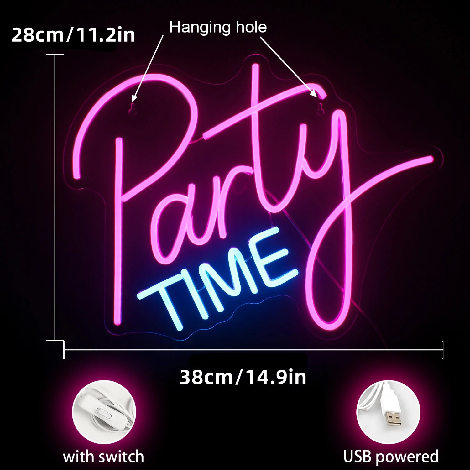 Party Time Neon Sign USB Powered Led Light Up Sign Home Room Decor For Party Bar Birthday Festival Pink Art Wall Decor