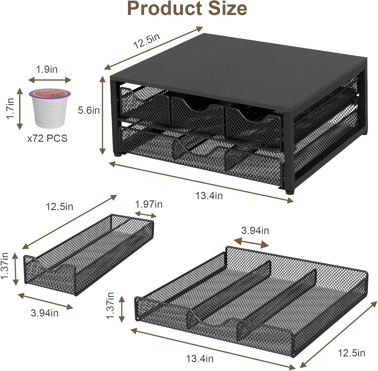 3-Pull-Out Coffee Pod Holder – 72 K-Cup Wooden Sliding Organizer (Black)