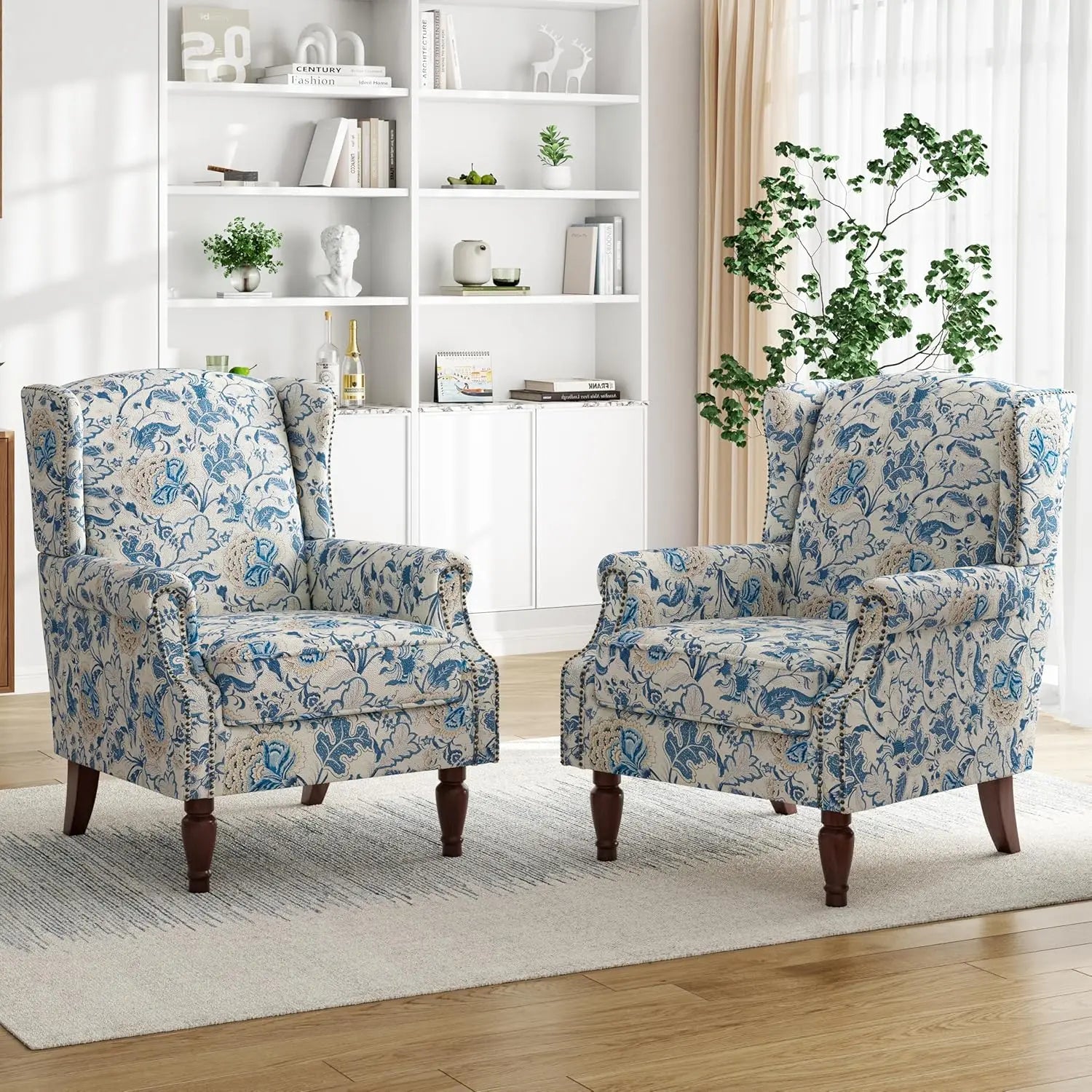 Floral Accent Chairs – Set of 2 High-Back Retro Wingback Armchairs