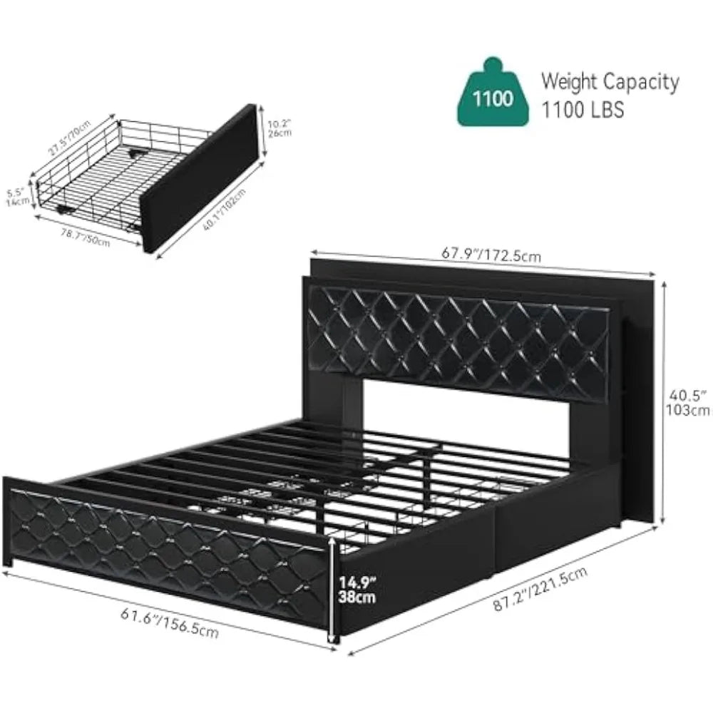 Queen Upholstered Platform Bed Frame with RGB LED Headboard & 4 Storage Drawers – Faux Leather